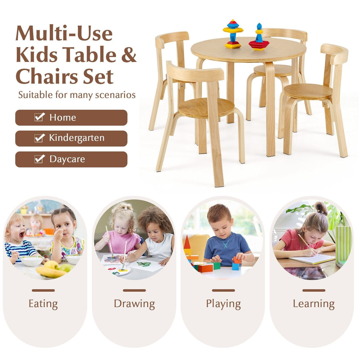 Juego de 5 piezas de mesa y sillas de actividad de madera con respaldo curvo para niños con ladrillos de juguete-Natural