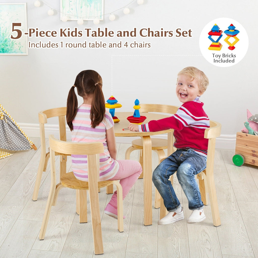 Juego de 5 piezas de mesa y sillas de actividad de madera con respaldo curvo para niños con ladrillos de juguete-Natural