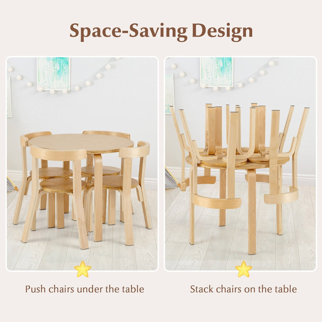 Juego de 5 piezas de mesa y sillas de actividad de madera con respaldo curvo para niños con ladrillos de juguete-Natural