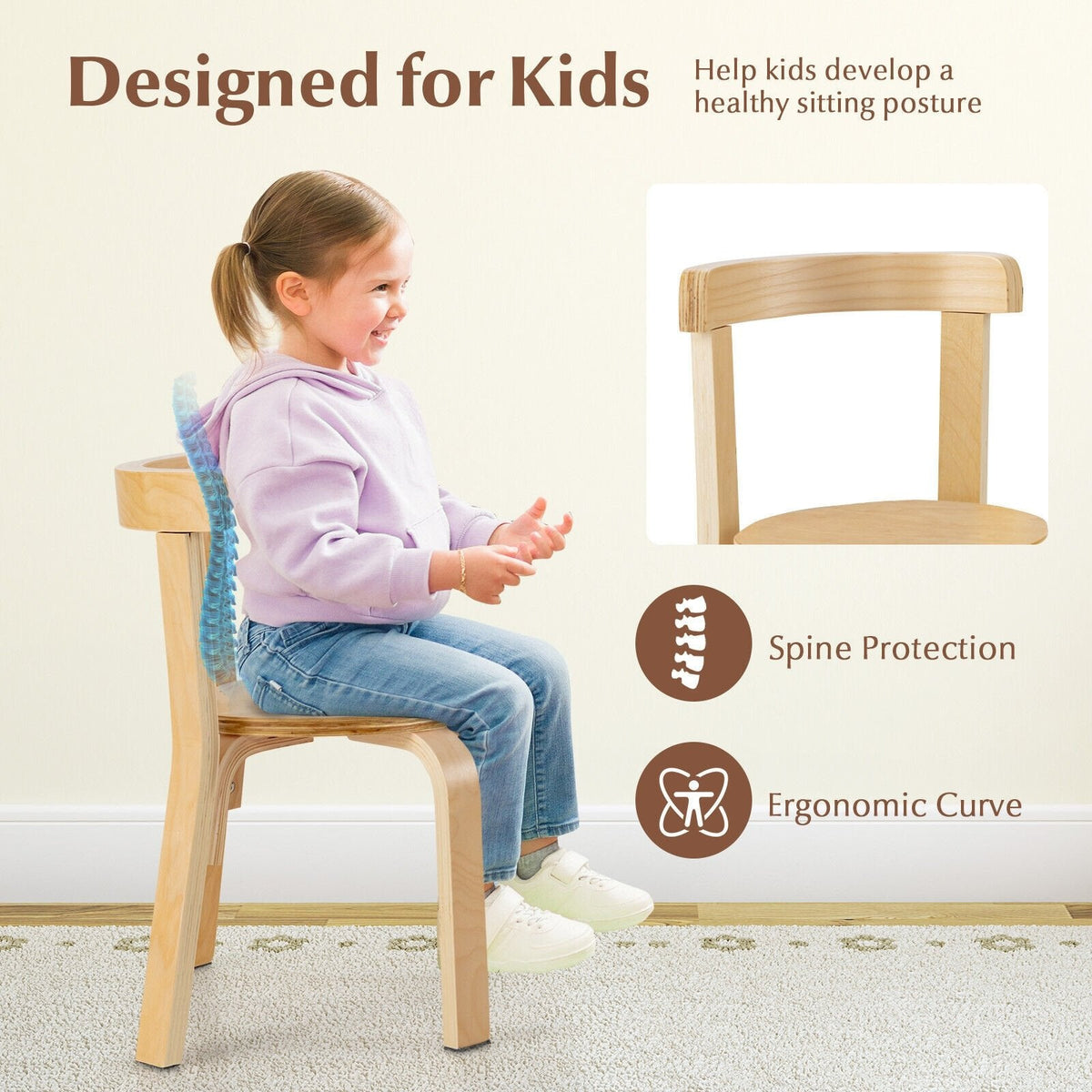 Juego de 5 piezas de mesa y sillas de actividad de madera con respaldo curvo para niños con ladrillos de juguete-Natural