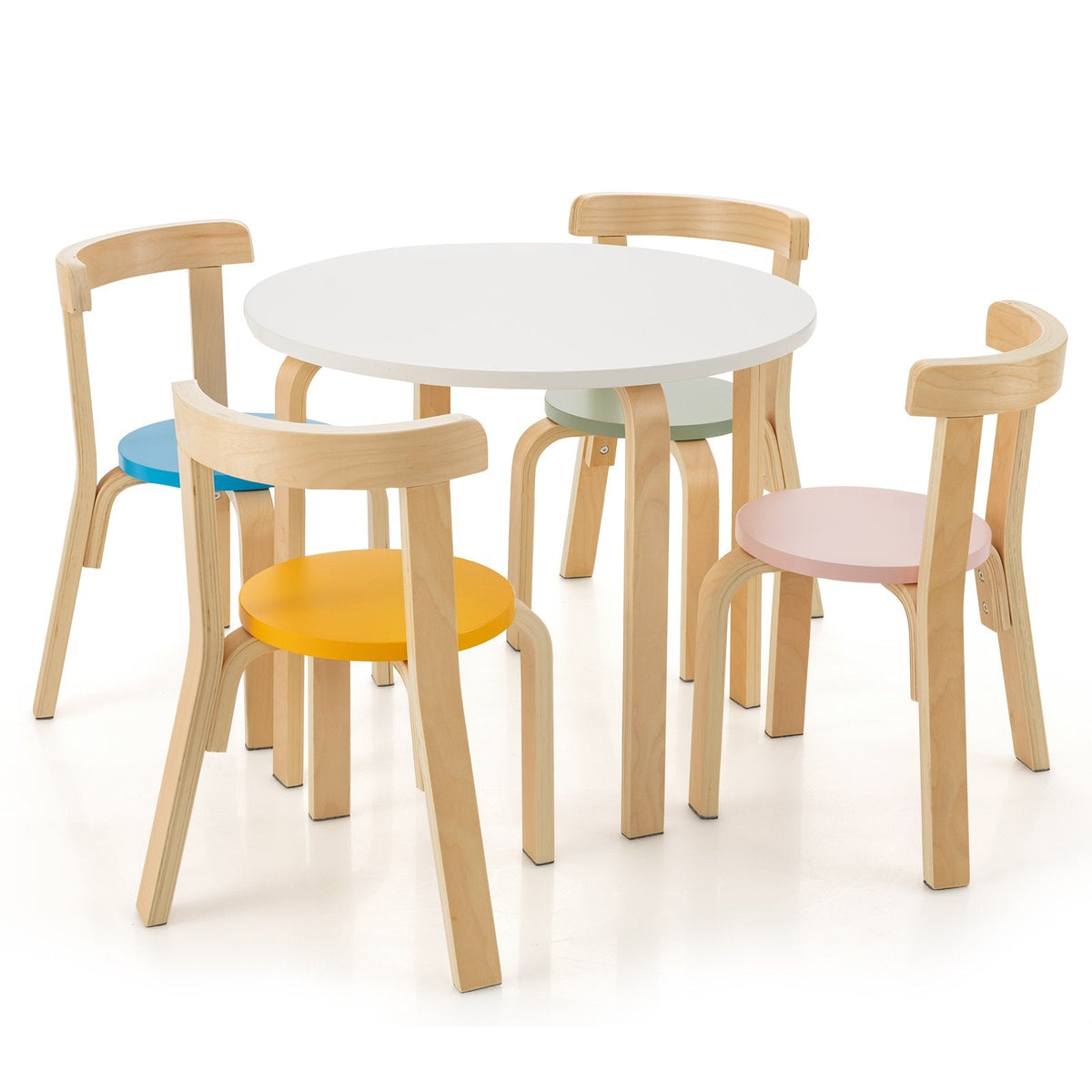 5-teiliges Kinder-Möbelset aus Holz mit rundem Tisch, 4 Stühlen mit geschwungener Rückenlehne und Bausteinen, mehrfarbig