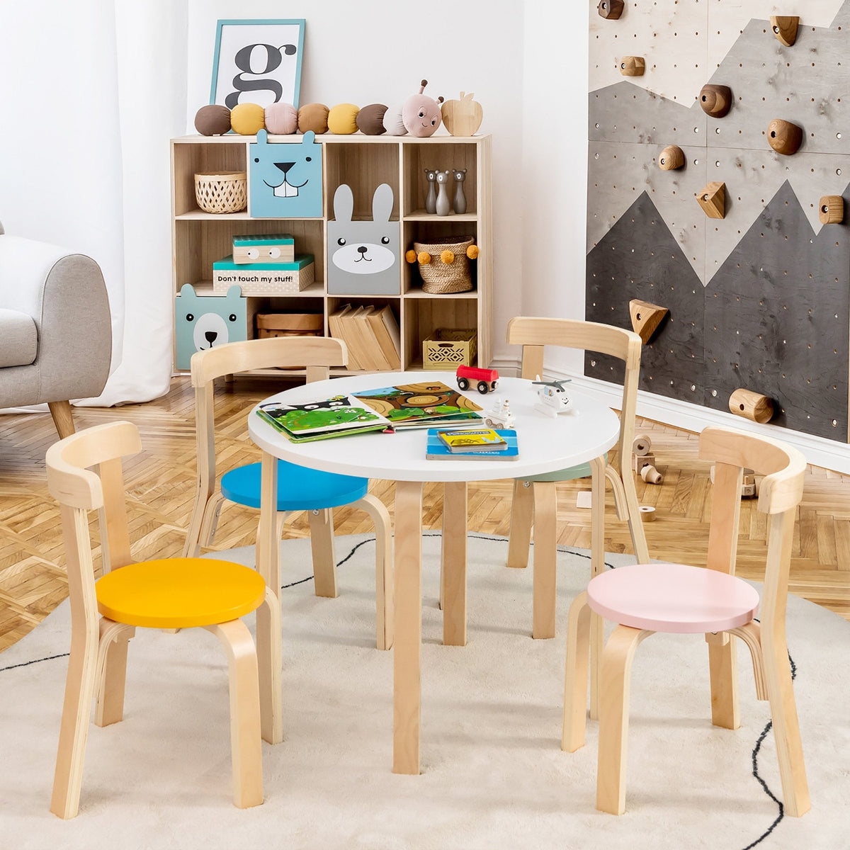 5-teiliges Kinder-Möbelset aus Holz mit rundem Tisch, 4 Stühlen mit geschwungener Rückenlehne und Bausteinen, mehrfarbig