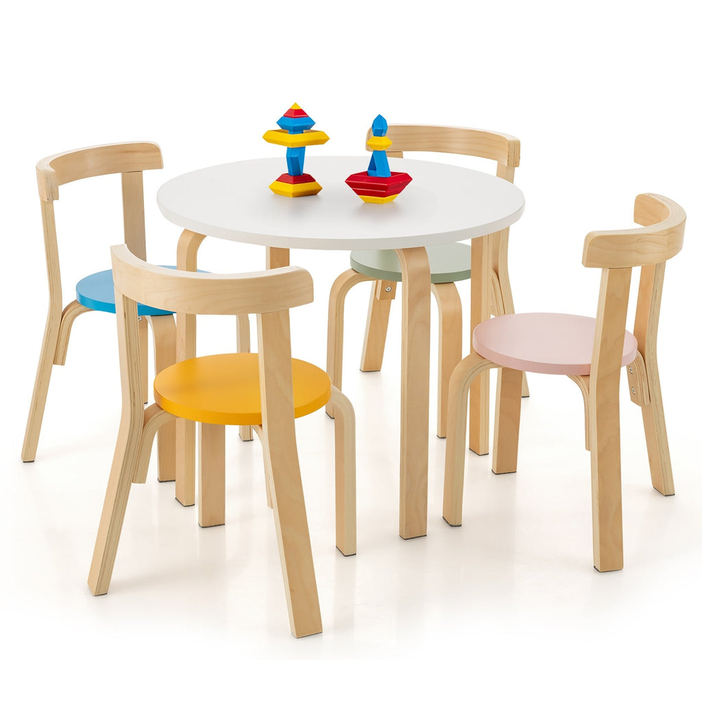 5-teiliges Kinder-Möbelset aus Holz mit rundem Tisch, 4 Stühlen mit geschwungener Rückenlehne und Bausteinen, mehrfarbig