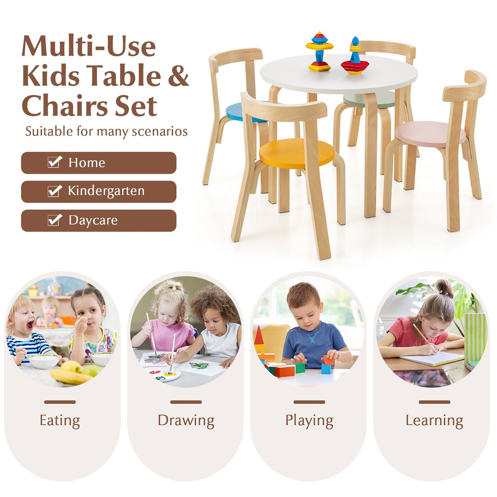 5-teiliges Kinder-Möbelset aus Holz mit rundem Tisch, 4 Stühlen mit geschwungener Rückenlehne und Bausteinen, mehrfarbig