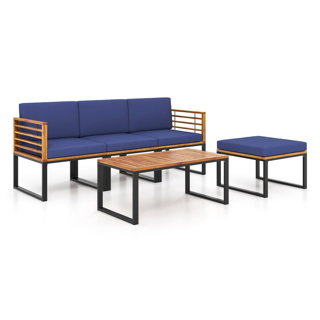 Set de patio seccional de 5 piezas de acacia y metal con otomana y mesa de centro, azul marino
