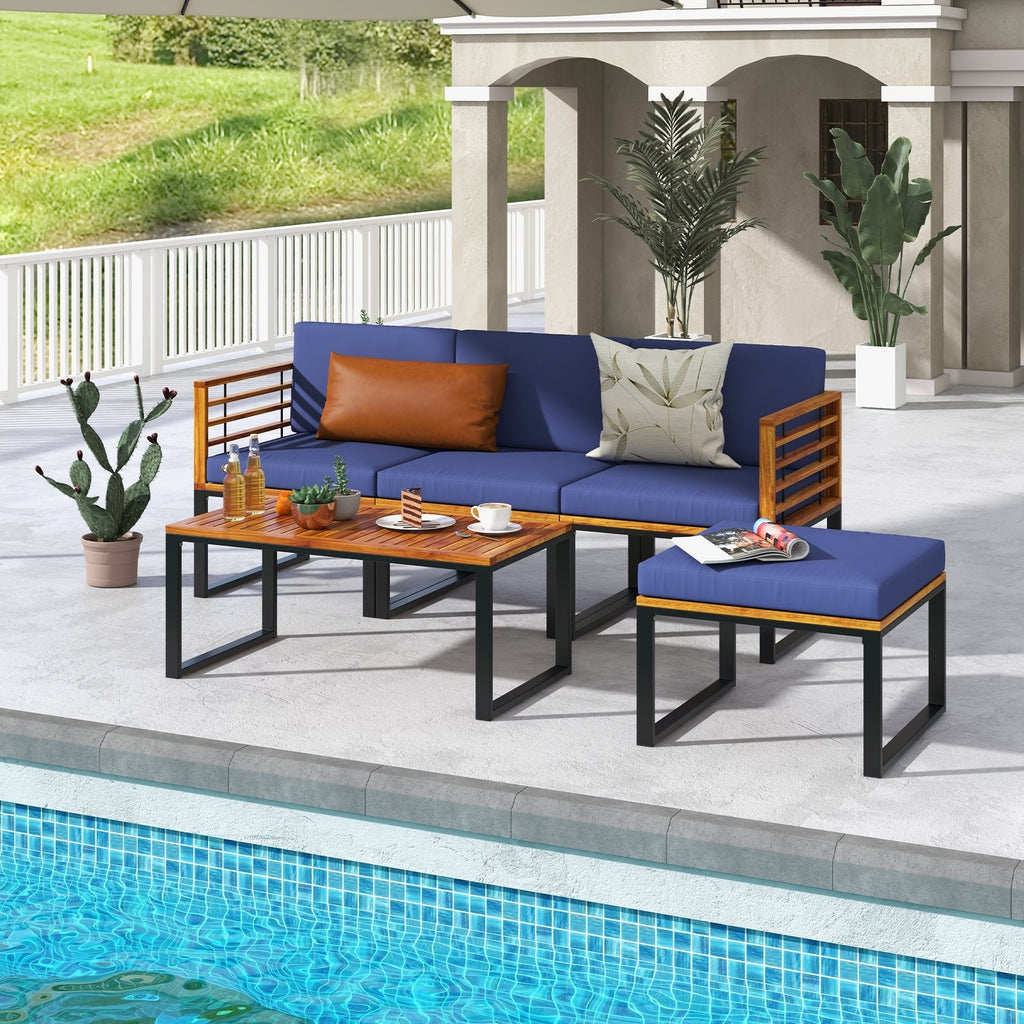 Set de patio seccional de 5 piezas de acacia y metal con otomana y mesa de centro, azul marino