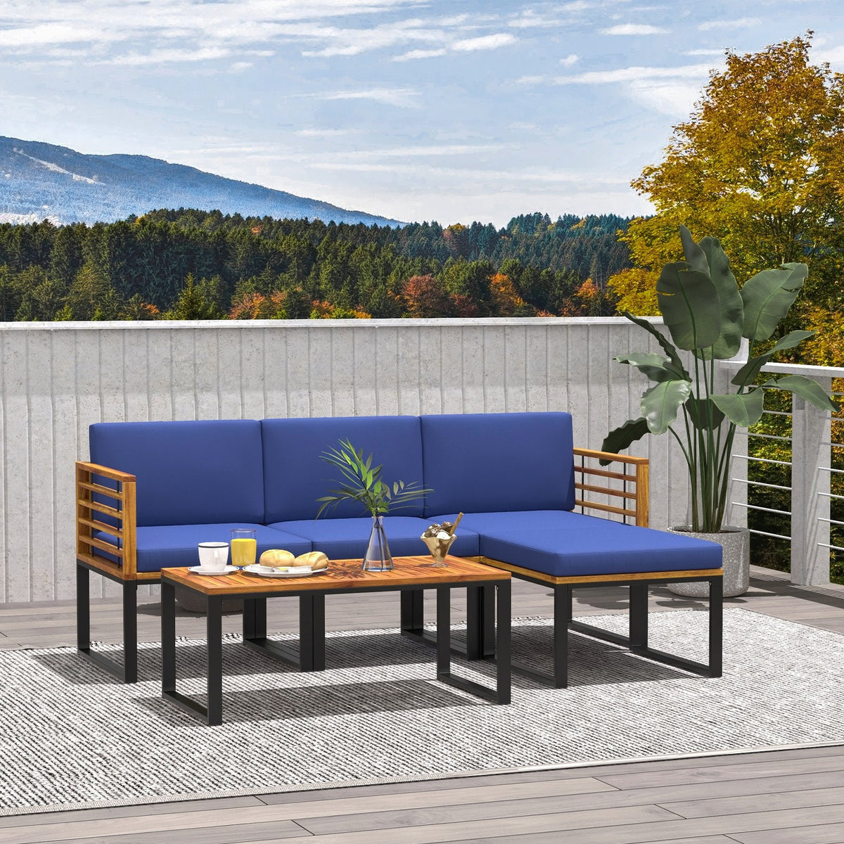 Set de patio seccional de 5 piezas de acacia y metal con otomana y mesa de centro, azul marino