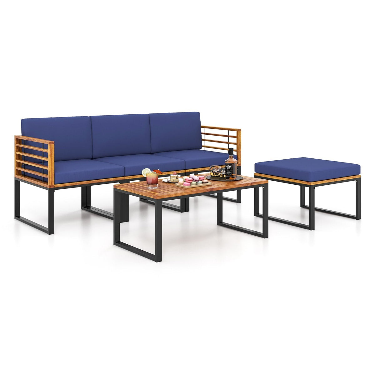 Set de patio seccional de 5 piezas de acacia y metal con otomana y mesa de centro, azul marino