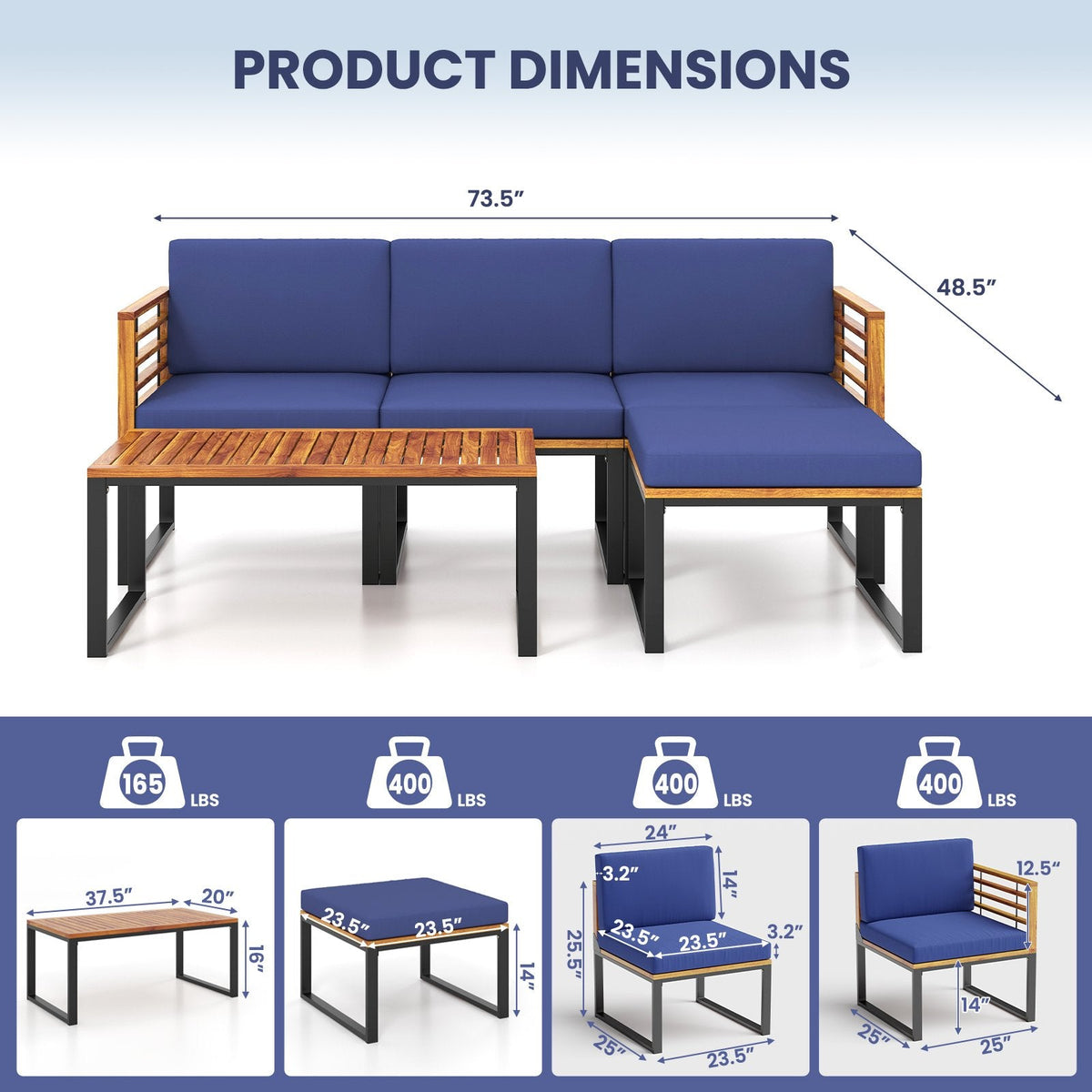 Set de patio seccional de 5 piezas de acacia y metal con otomana y mesa de centro, azul marino