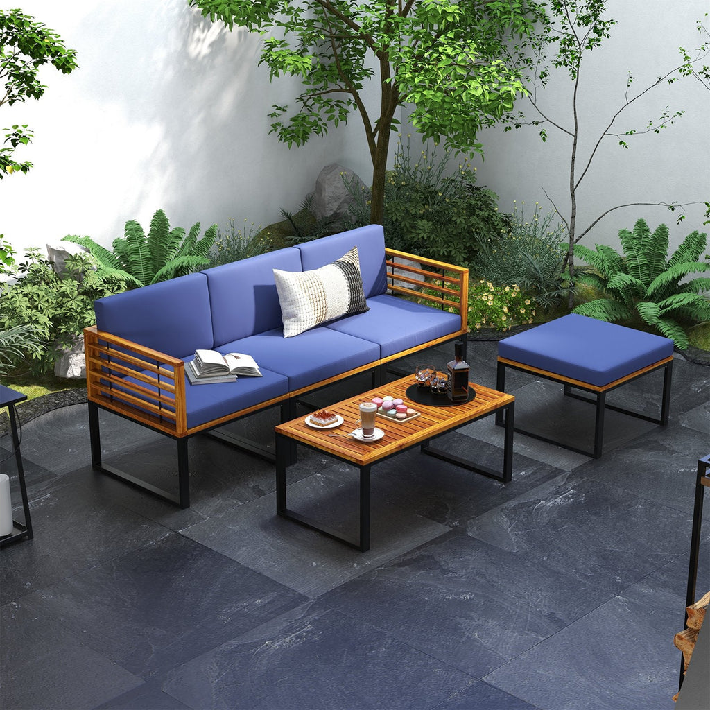 Set de patio seccional de 5 piezas de acacia y metal con otomana y mesa de centro, azul marino