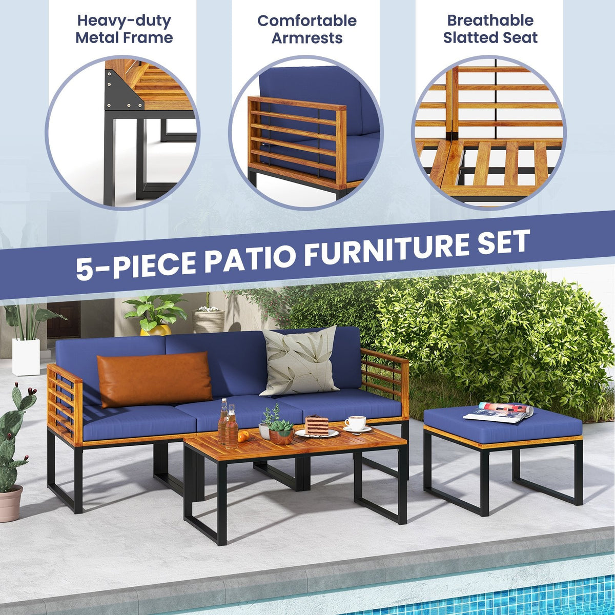 Set de patio seccional de 5 piezas de acacia y metal con otomana y mesa de centro, azul marino