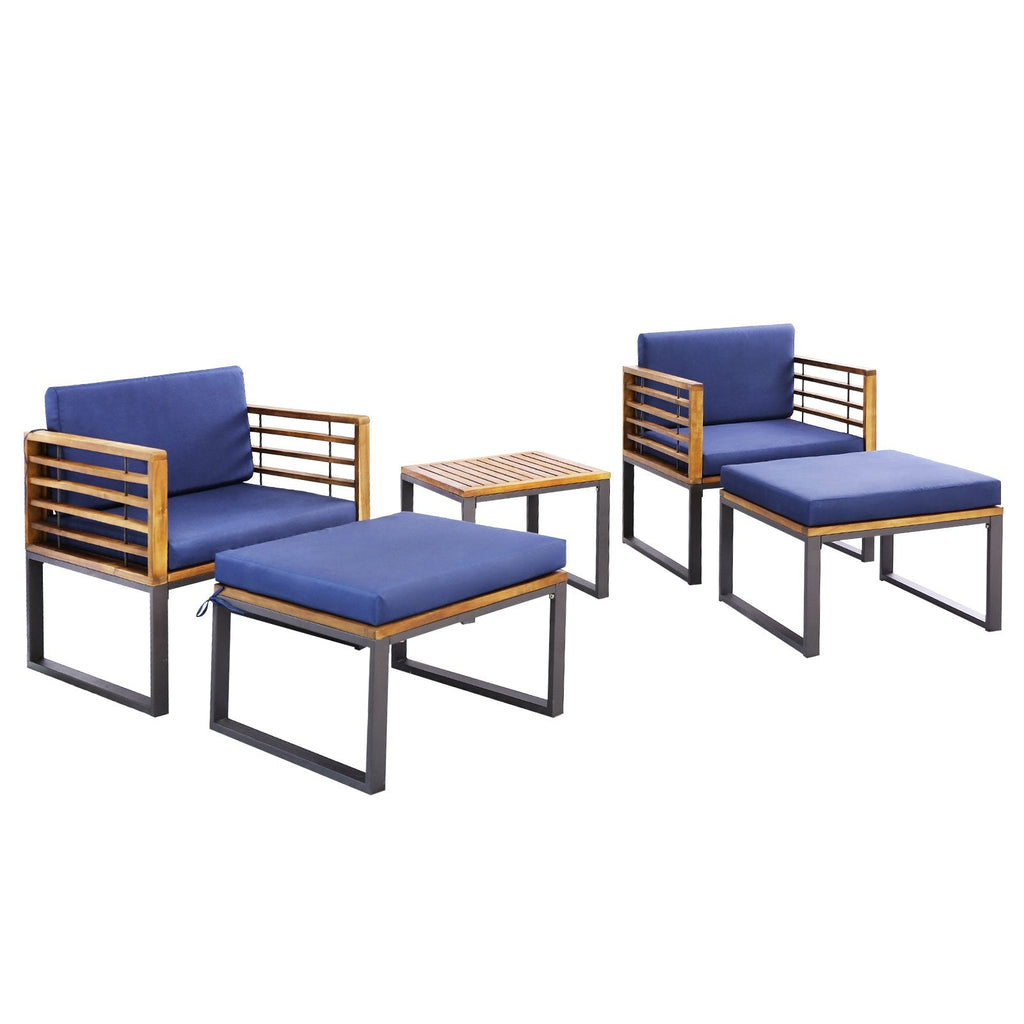Juego de 5 piezas de sillas de patio de acacia y metal con 2 otomanas y mesa de centro, azul marino