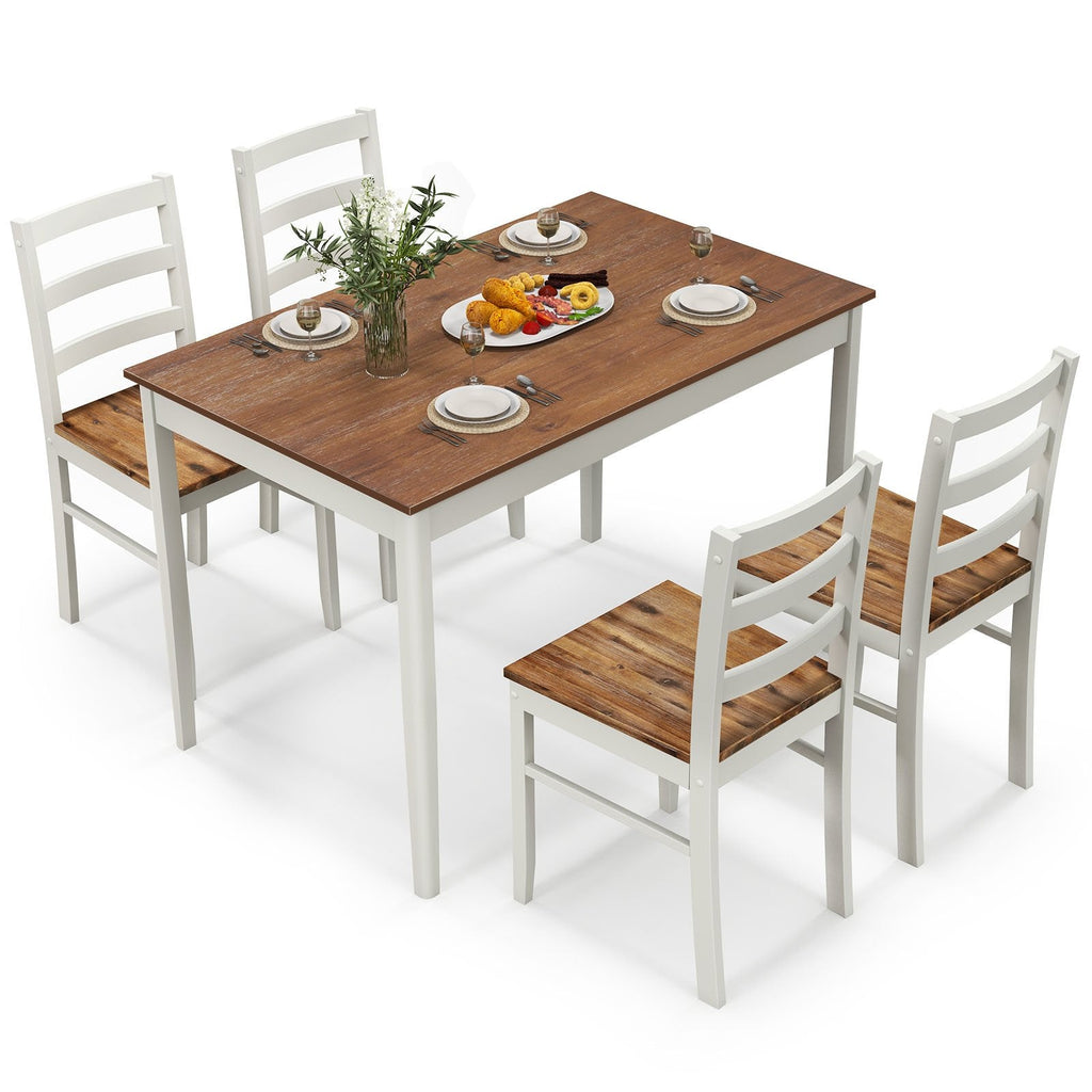 5-teiliges Esszimmerset aus Holz mit rechteckigem Tisch und 4 Stühlen – Kaffeebraun und Weiß