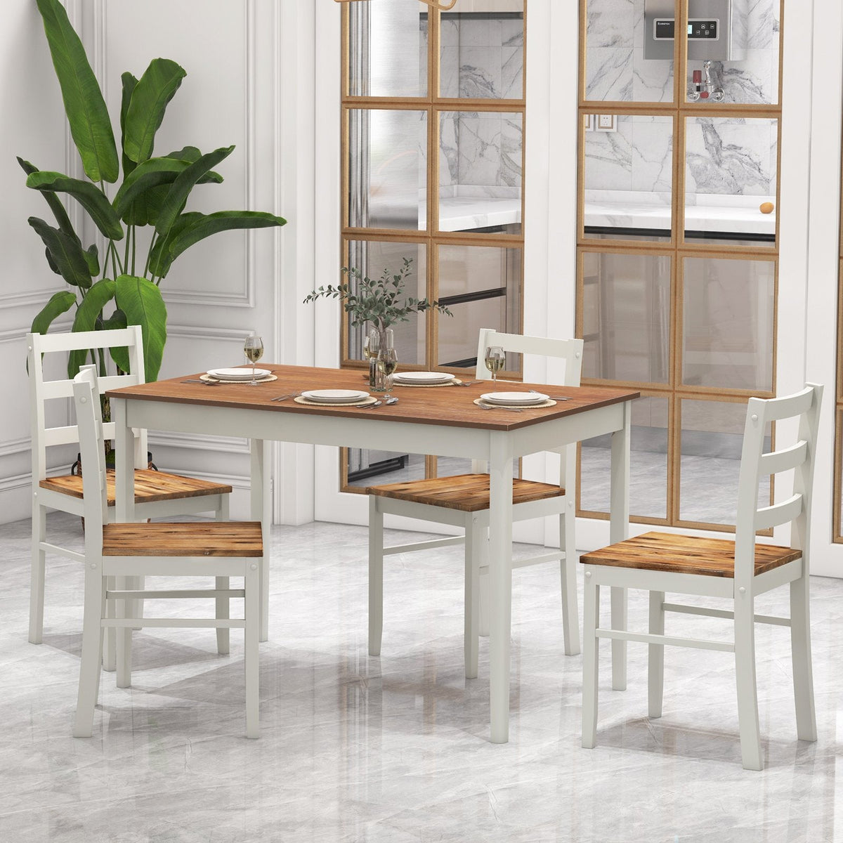5-teiliges Esszimmerset aus Holz mit rechteckigem Tisch und 4 Stühlen – Kaffeebraun und Weiß
