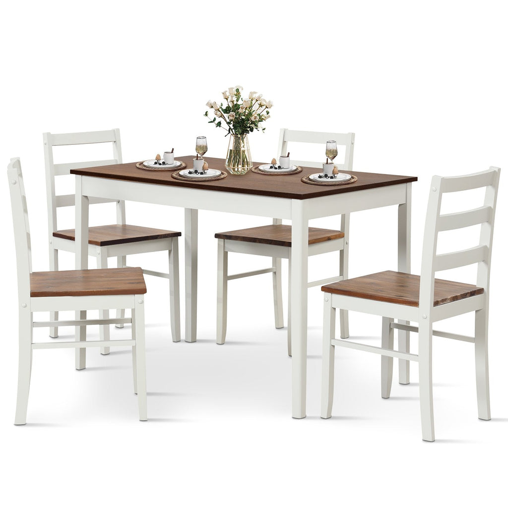 5-teiliges Esszimmerset aus Holz mit rechteckigem Tisch und 4 Stühlen – Kaffeebraun und Weiß
