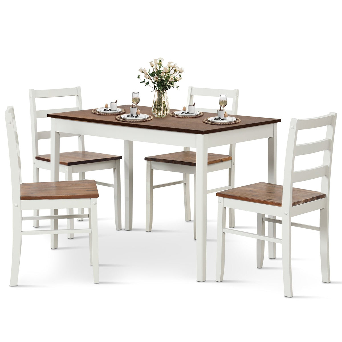 5-teiliges Esszimmerset aus Holz mit rechteckigem Tisch und 4 Stühlen – Kaffeebraun und Weiß