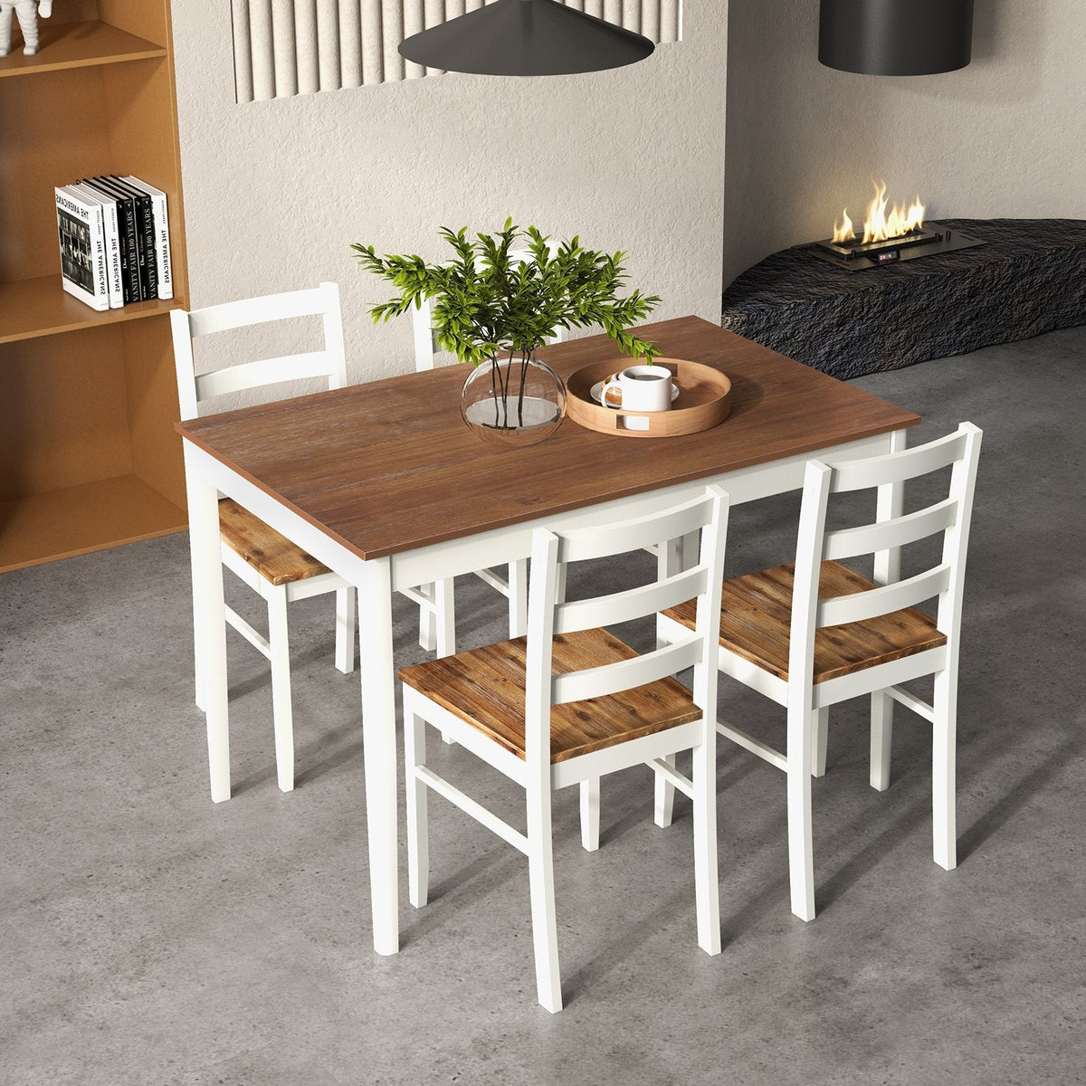 5-teiliges Esszimmerset aus Holz mit rechteckigem Tisch und 4 Stühlen – Kaffeebraun und Weiß