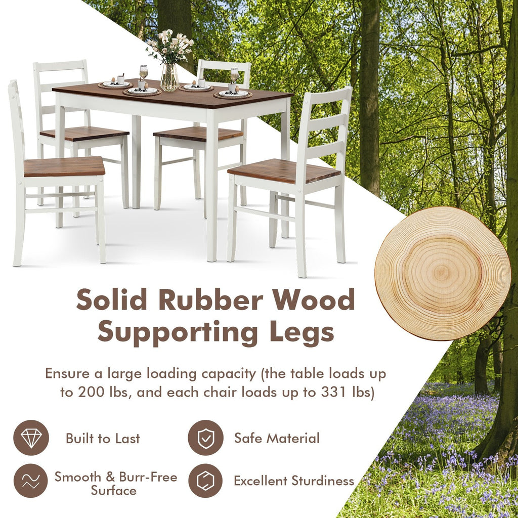 5-teiliges Esszimmerset aus Holz mit rechteckigem Tisch und 4 Stühlen – Kaffeebraun und Weiß