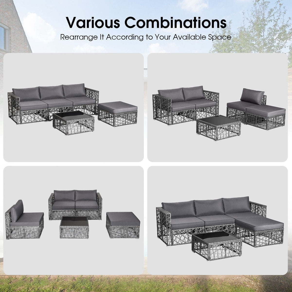 5-teiliges Terrassen-Set aus offen geflochtenem Rattan, 2 Ecksofas, Sitzbank ohne Armlehnen, Hocker und Glastisch, Grau