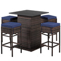 Ensemble de bar 5 pièces en rotin pour terrasse avec tabourets, étagère de rangement cachée et coussins – Bleu marine