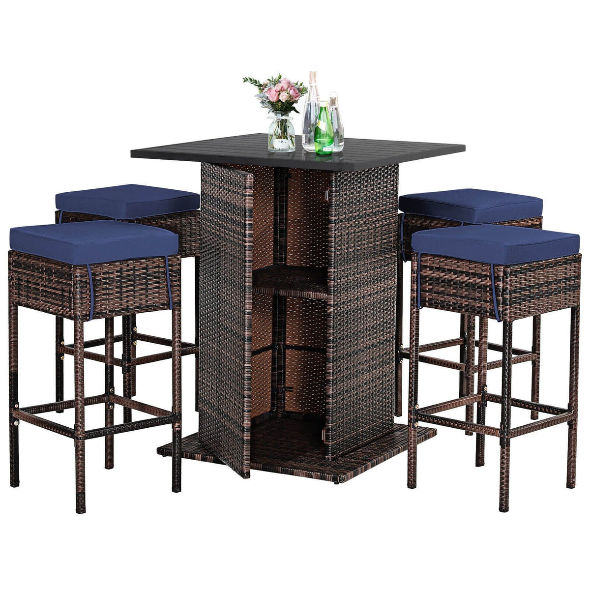 Ensemble de bar 5 pièces en rotin pour terrasse avec tabourets, étagère de rangement cachée et coussins – Bleu marine