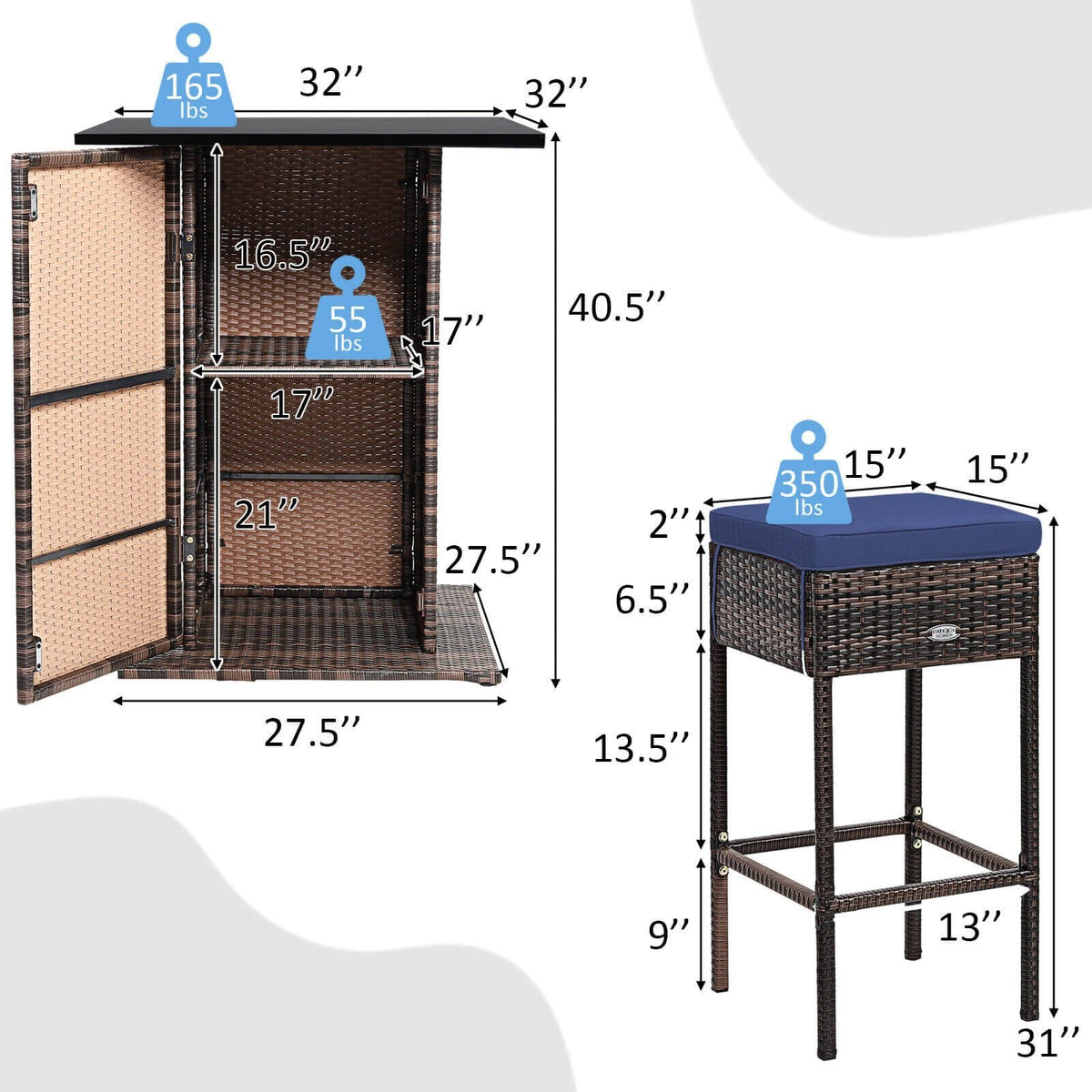 Ensemble de bar 5 pièces en rotin pour terrasse avec tabourets, étagère de rangement cachée et coussins – Bleu marine