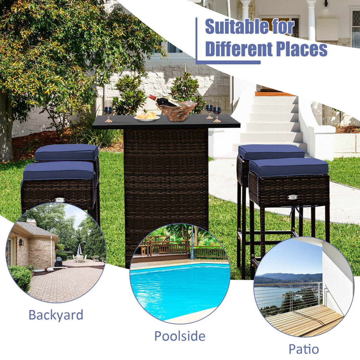 Ensemble de bar 5 pièces en rotin pour terrasse avec tabourets, étagère de rangement cachée et coussins – Bleu marine