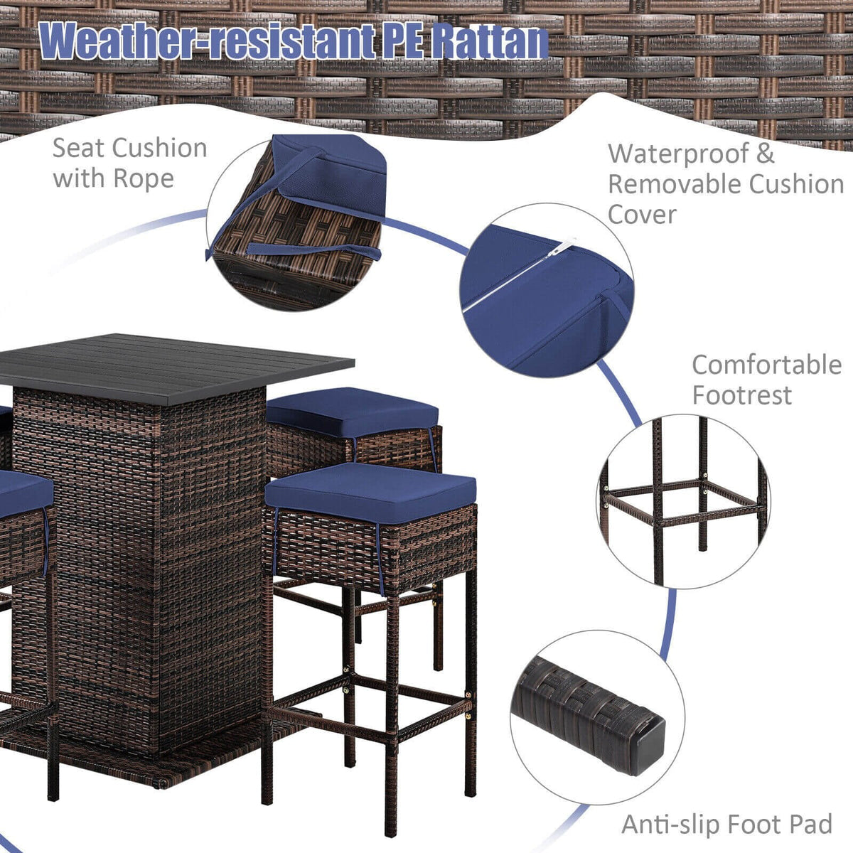 Ensemble de bar 5 pièces en rotin pour terrasse avec tabourets, étagère de rangement cachée et coussins – Bleu marine