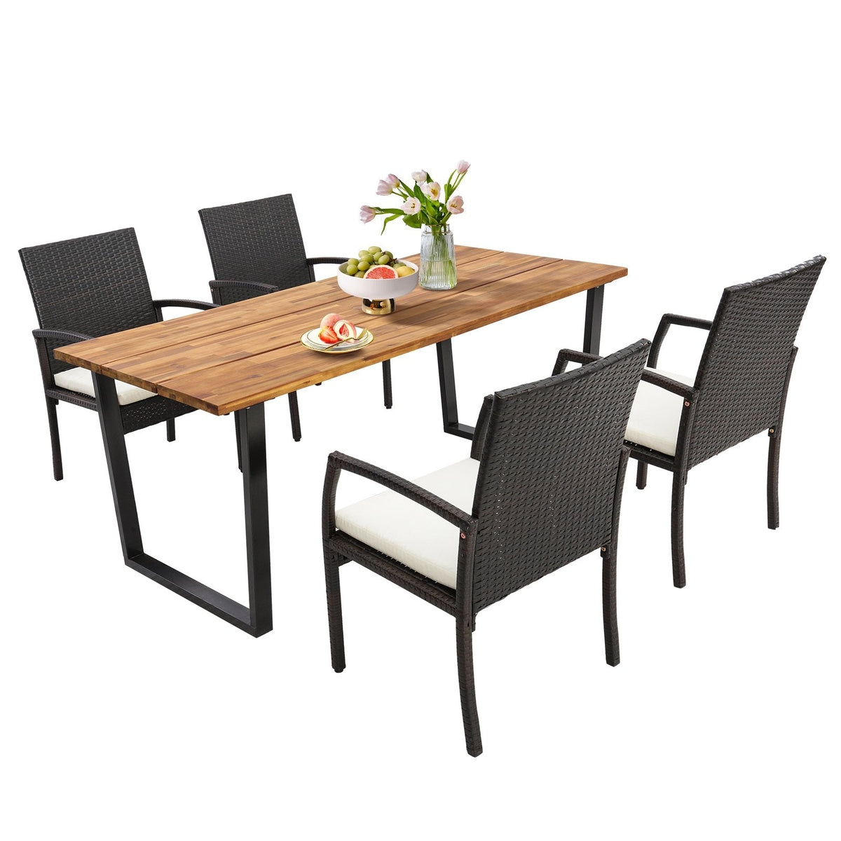 Juego de comedor de ratán para patio de 5 piezas, mesa de 69 pulgadas con cubierta de acacia, orificio de 2 pulgadas con tapa para paraguas y 4 sillones acolchados