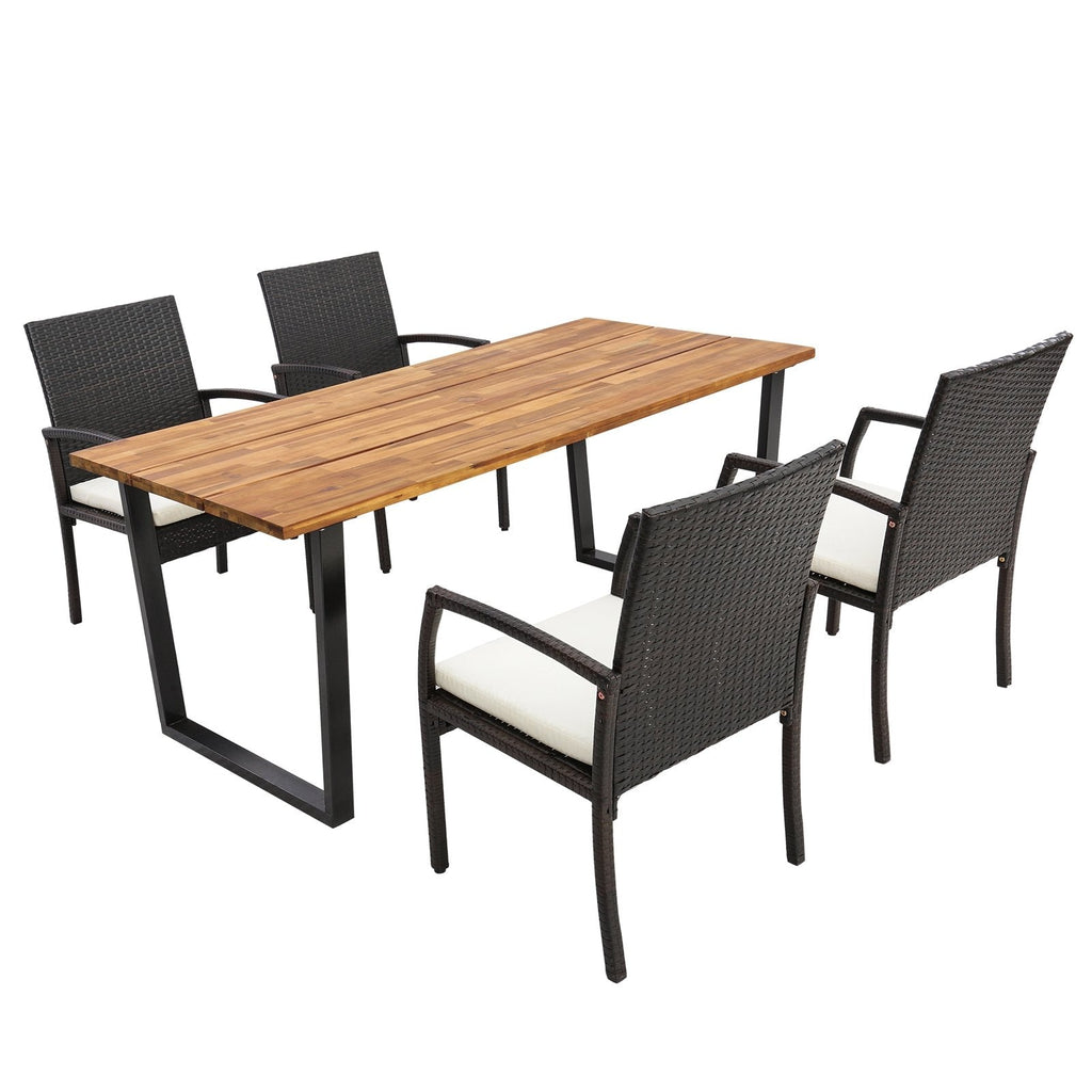 Juego de comedor de ratán para patio de 5 piezas, mesa de 69 pulgadas con cubierta de acacia, orificio de 2 pulgadas con tapa para paraguas y 4 sillones acolchados