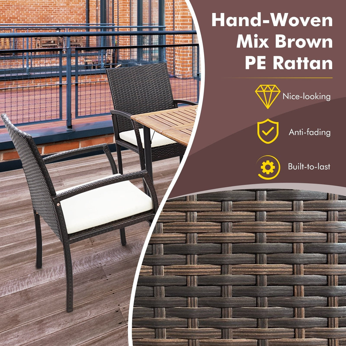 Juego de comedor de ratán para patio de 5 piezas, mesa de 69 pulgadas con cubierta de acacia, orificio de 2 pulgadas con tapa para paraguas y 4 sillones acolchados