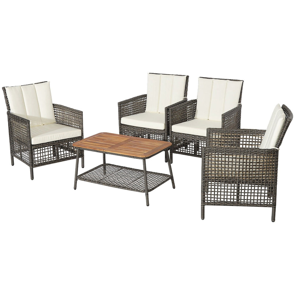 5-teiliges Rattan-Lounge-Set für die Terrasse mit 4 Sesseln und Tisch mit Akazienholzplatte, cremeweiß