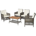 5-teiliges Rattan-Lounge-Set für die Terrasse mit 4 Sesseln und Tisch mit Akazienholzplatte, cremeweiß