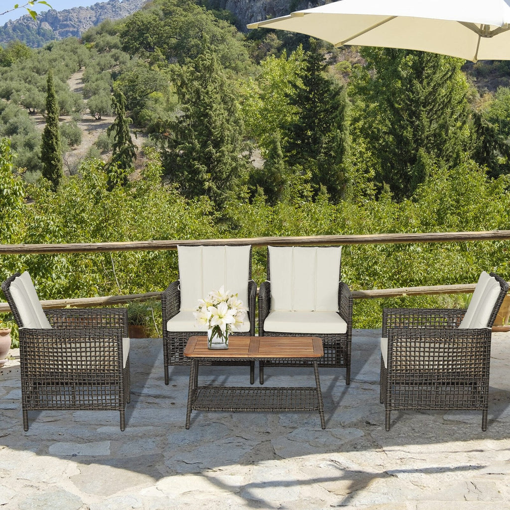 5-teiliges Rattan-Lounge-Set für die Terrasse mit 4 Sesseln und Tisch mit Akazienholzplatte, cremeweiß