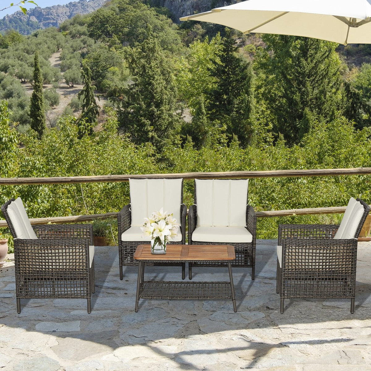 5-teiliges Rattan-Lounge-Set für die Terrasse mit 4 Sesseln und Tisch mit Akazienholzplatte, cremeweiß