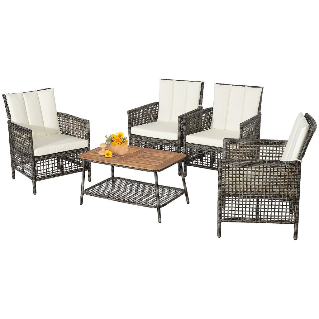 5-teiliges Rattan-Lounge-Set für die Terrasse mit 4 Sesseln und Tisch mit Akazienholzplatte, cremeweiß