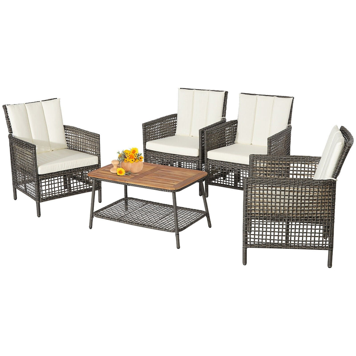 5-teiliges Rattan-Lounge-Set für die Terrasse mit 4 Sesseln und Tisch mit Akazienholzplatte, cremeweiß