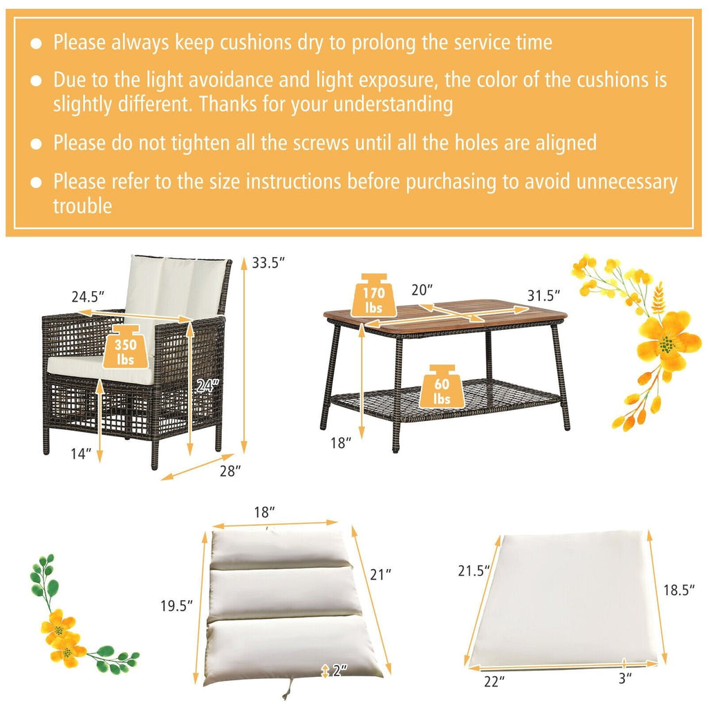 5-teiliges Rattan-Lounge-Set für die Terrasse mit 4 Sesseln und Tisch mit Akazienholzplatte, cremeweiß