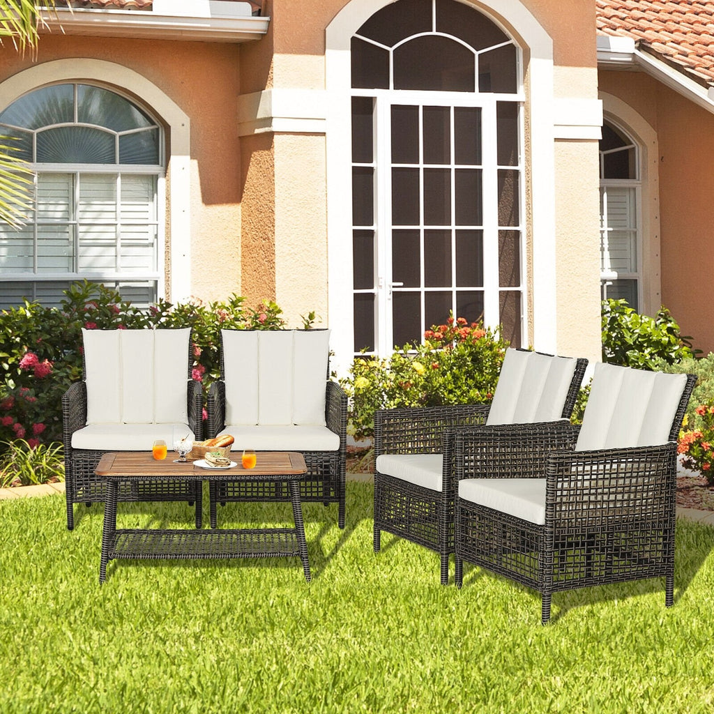 5-teiliges Rattan-Lounge-Set für die Terrasse mit 4 Sesseln und Tisch mit Akazienholzplatte, cremeweiß