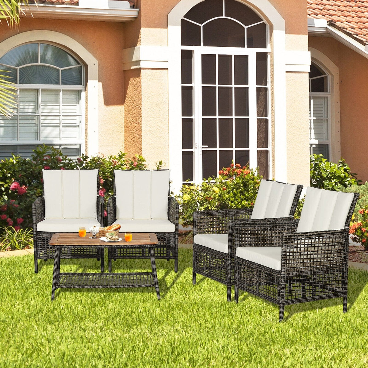 5-teiliges Rattan-Lounge-Set für die Terrasse mit 4 Sesseln und Tisch mit Akazienholzplatte, cremeweiß