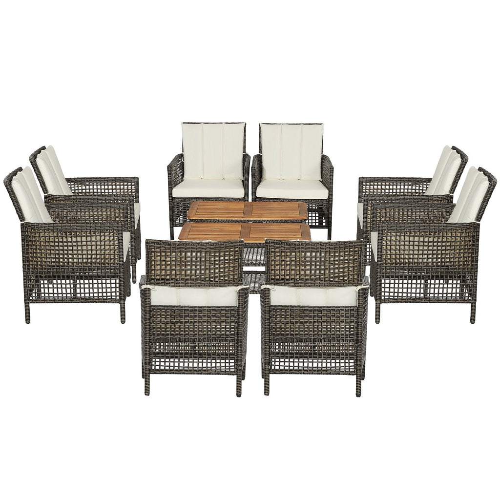 5-teiliges Rattan-Lounge-Set für die Terrasse mit 4 Sesseln und Tisch mit Akazienholzplatte, cremeweiß