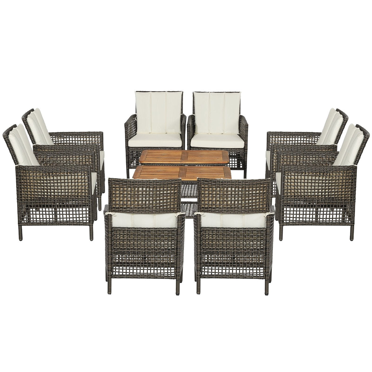 5-teiliges Rattan-Lounge-Set für die Terrasse mit 4 Sesseln und Tisch mit Akazienholzplatte, cremeweiß