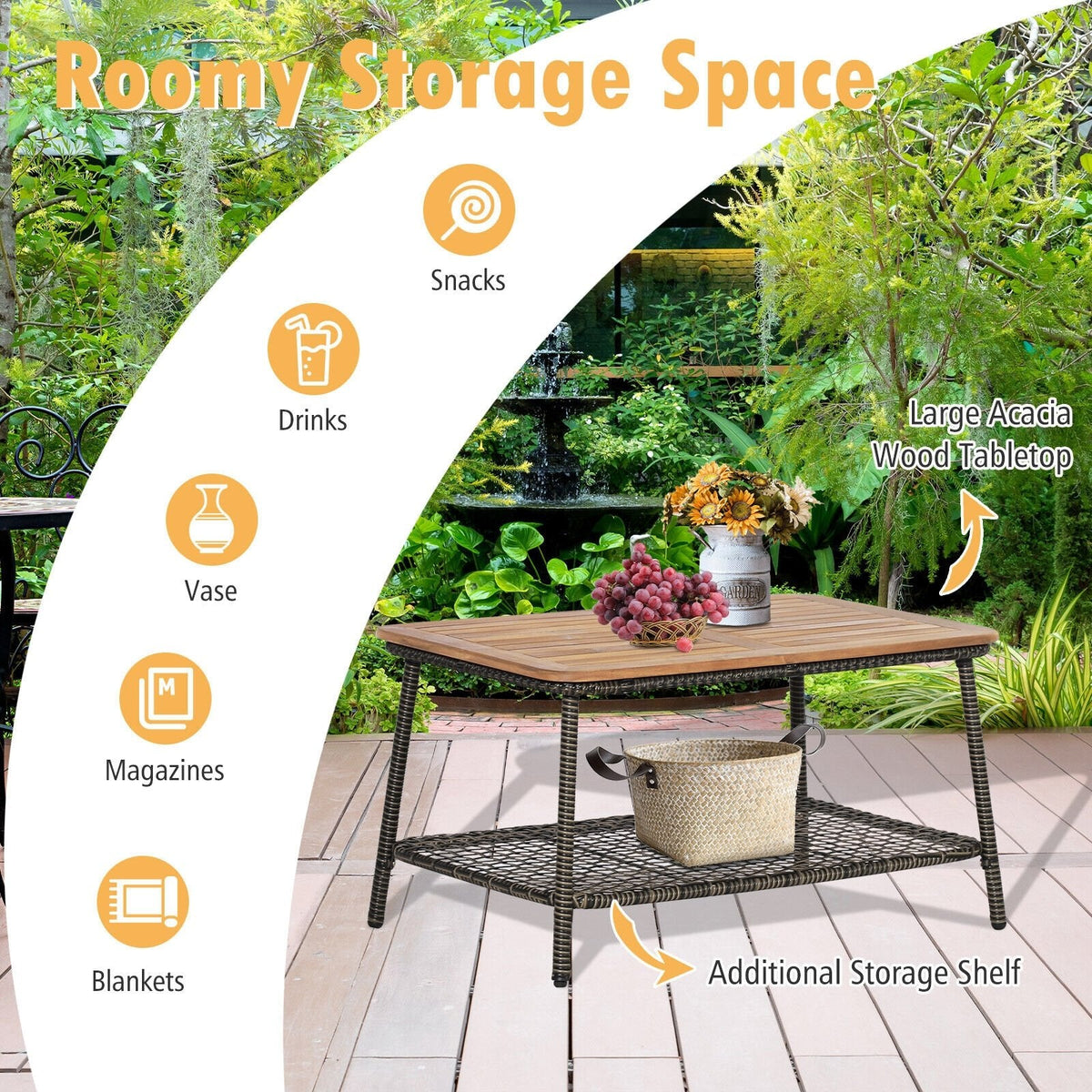 5-teiliges Rattan-Lounge-Set für die Terrasse mit 4 Sesseln und Tisch mit Akazienholzplatte, cremeweiß