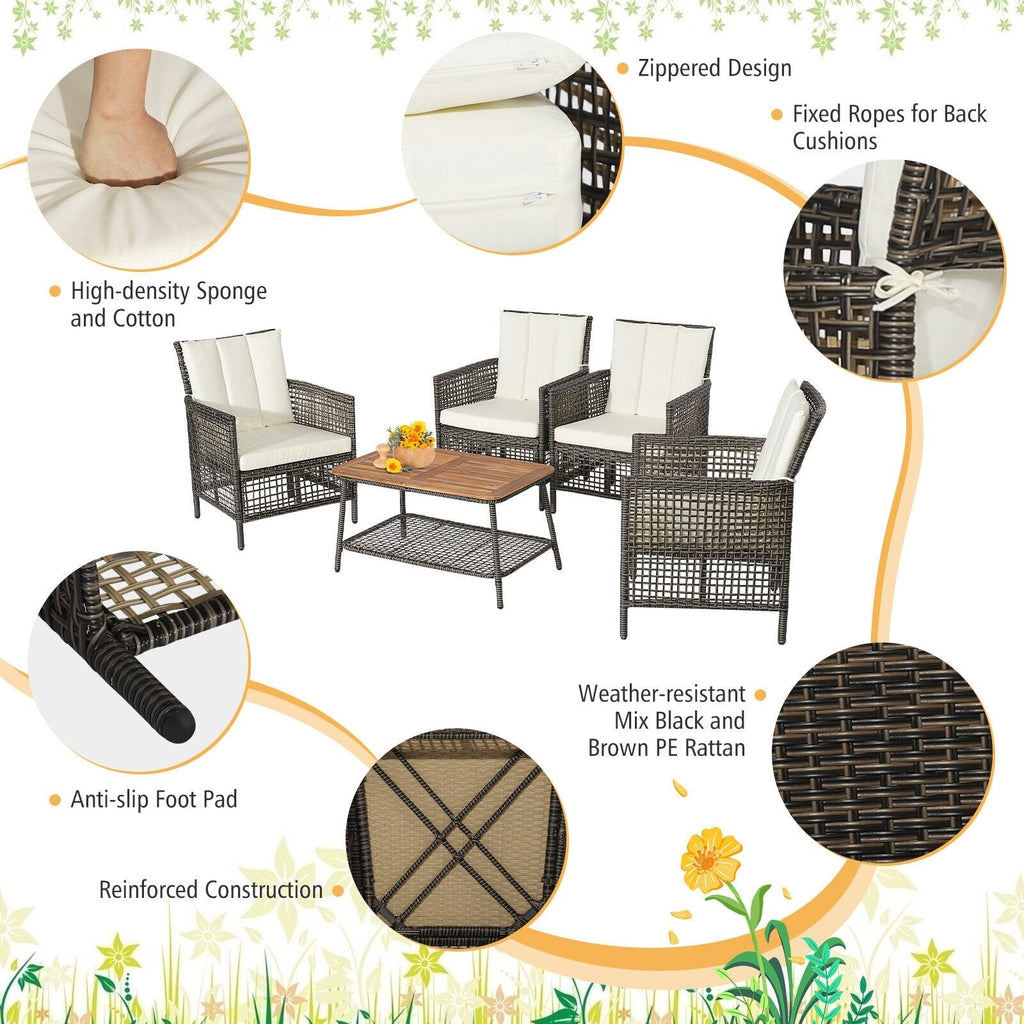 5-teiliges Rattan-Lounge-Set für die Terrasse mit 4 Sesseln und Tisch mit Akazienholzplatte, cremeweiß