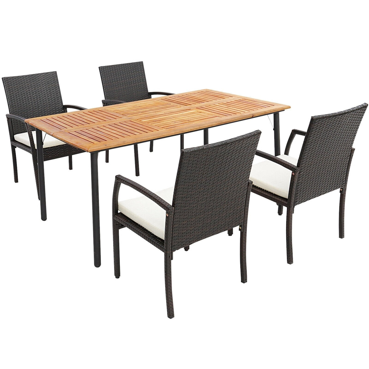 5-teiliges Esszimmer-Set aus Terrassen-Rattan, 63 Zoll großer Tisch mit Akazienholzplatte, Sonnenschirmöffnung und 4 gepolsterten Sesseln