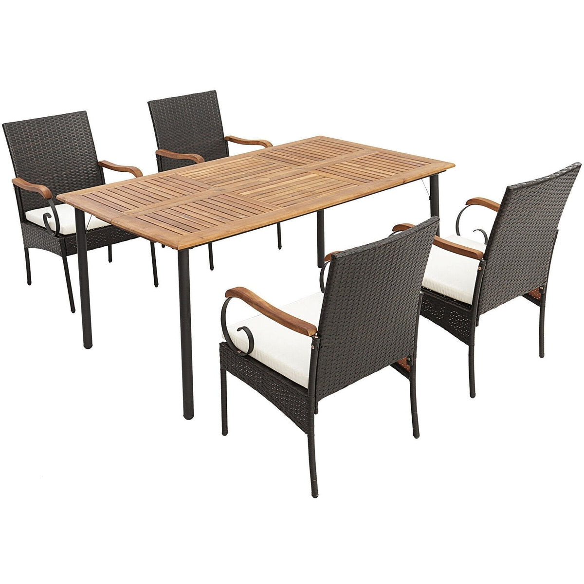 5-teiliges Essgruppen-Set aus Polyrattan für die Terrasse mit 160 cm langem Akazientisch mit 4,8 cm großem Schirmloch und 4 Armlehnstühlen mit Armlehnen aus Holz