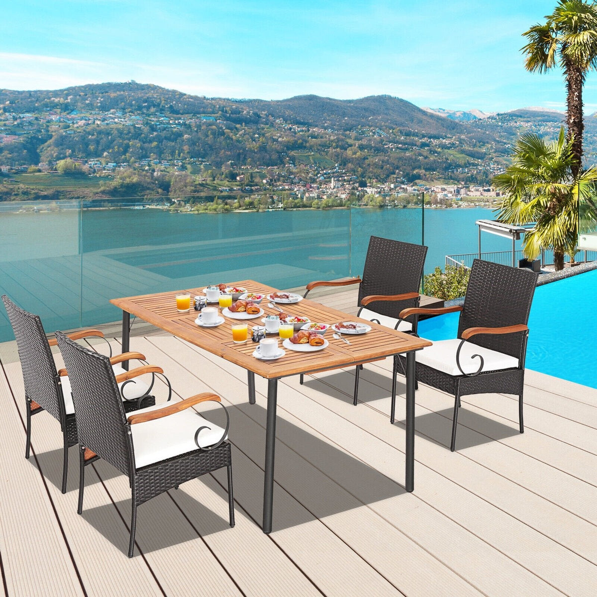 5-teiliges Essgruppen-Set aus Polyrattan für die Terrasse mit 160 cm langem Akazientisch mit 4,8 cm großem Schirmloch und 4 Armlehnstühlen mit Armlehnen aus Holz