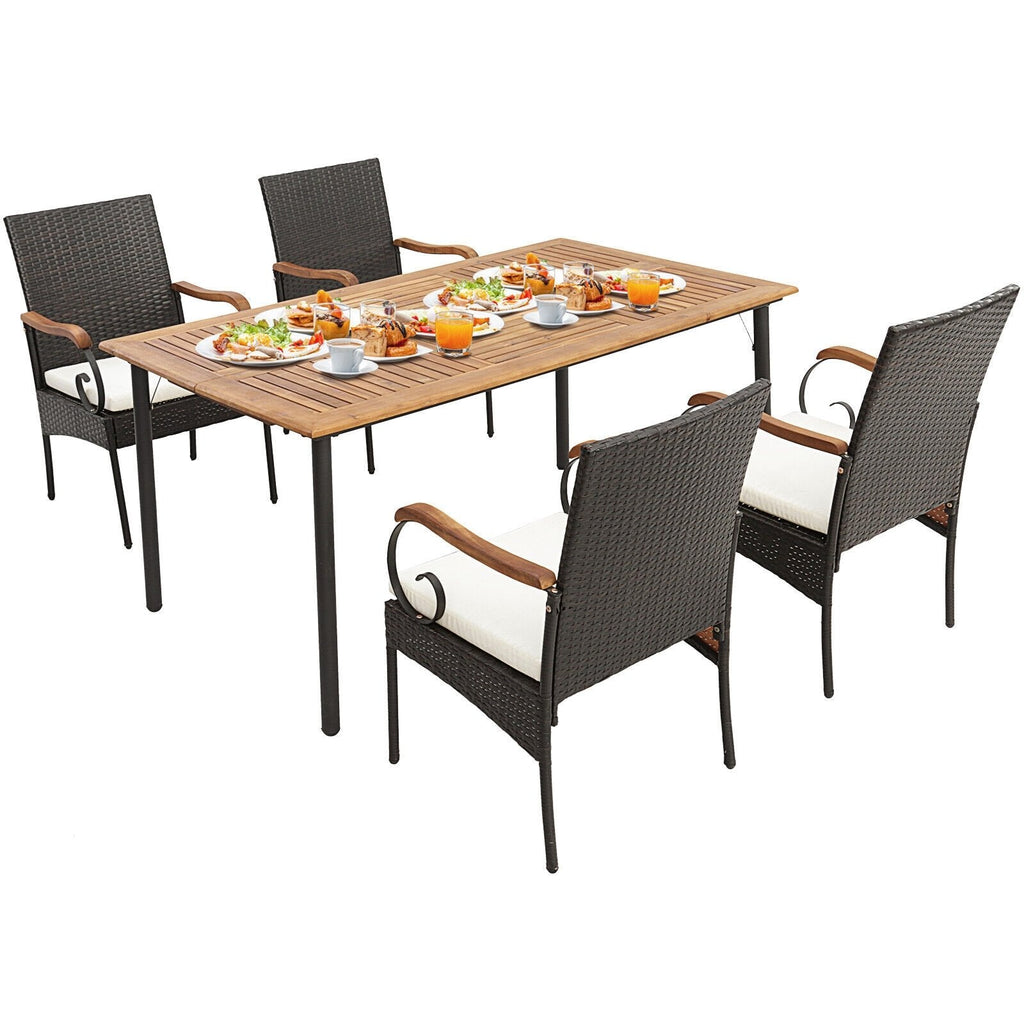 5-teiliges Essgruppen-Set aus Polyrattan für die Terrasse mit 160 cm langem Akazientisch mit 4,8 cm großem Schirmloch und 4 Armlehnstühlen mit Armlehnen aus Holz