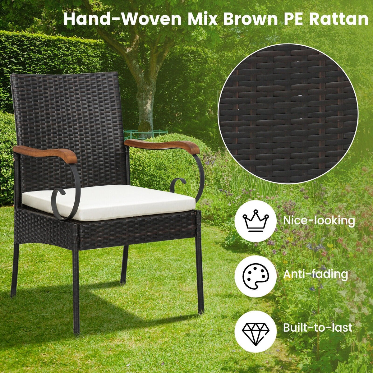 5-teiliges Essgruppen-Set aus Polyrattan für die Terrasse mit 160 cm langem Akazientisch mit 4,8 cm großem Schirmloch und 4 Armlehnstühlen mit Armlehnen aus Holz