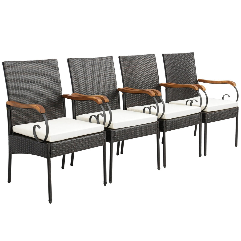 5-teiliges Essgruppen-Set aus Polyrattan für die Terrasse mit 160 cm langem Akazientisch mit 4,8 cm großem Schirmloch und 4 Armlehnstühlen mit Armlehnen aus Holz